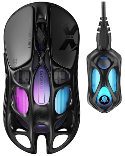 GravaStar Mercury X Pro Kabellose Gaming-Maus, 8K-Dongle, 32.000 DPI PAW 3950 Sensor, 8.000 Hz Polling-Rate, nur 49 g, Magnesiumlegierung, hohles Design, RGB-Beleuchtung, 5 programmierbare Tasten von GravaStar