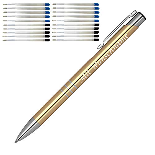 10 Metall Kugelschreiber mit Gravur / je 10 schwarze + blaue Minen / gold von Gravur by Livepac Office