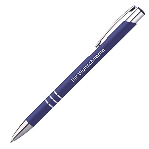 Schlanker Kugelschreiber mit Gravur / aus Metall / Farbe: blau von Gravur by Livepac Office