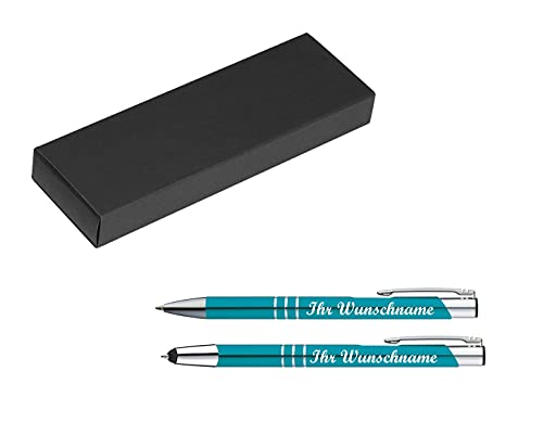 Schreibset mit Namensgravur - Touchpen Kugelschreiber + Kugelschreiber - türkis von Gravur by Livepac Office