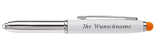 Touchpen Kugelschreiber mit Gravur / mit LED Licht / Farbe: silber/weiß mit orangen Stylus von Gravur by Livepac Office