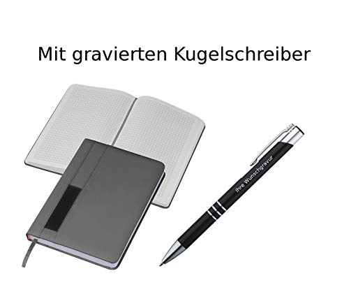 Notizbuch + Kugelschreiber mit Gravur / DIN A5 / 192 S. kariert / Farbe: grau Notizbuch + Kugelschreiber mit Gravur / DIN A5 / 192 S. kariert / Farbe: grau von Gravur by LivepacOffice