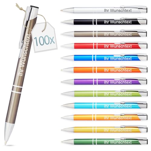 Kugelschreiber mit Gravur | personalisierter Stift mit Wunschtext | blaue Mine | Werbegeschenk & Werbeartikel | personalisierte Kulis für Hochzeit, Büro & Schule (Grau, 100 Stück) von Gravurtastisch