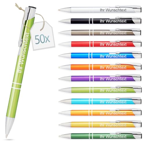 Kugelschreiber mit Gravur | personalisierter Stift mit Wunschtext | blaue Mine | Werbegeschenk & Werbeartikel | personalisierte Kulis für Hochzeit, Büro & Schule (Hellgrün, 50 Stück) von Gravurtastisch