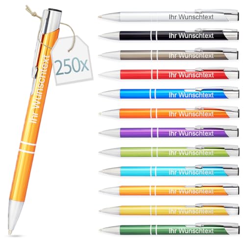Kugelschreiber mit Gravur | personalisierter Stift mit Wunschtext | blaue Mine | Werbegeschenk & Werbeartikel | personalisierte Kulis für Hochzeit, Büro & Schule (Orange, 250 Stück) von Gravurtastisch