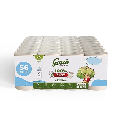 Grazie Natural Toilettenpapier, EcoNatural, 56 Rollen, recyceltes Toilettenpapier Fiberpack, 100% umweltfreundlich, umweltfreundlich, zertifiziert mit Ecolabel und FSC Recycled, Made in Italy von Grazie EcoNatural