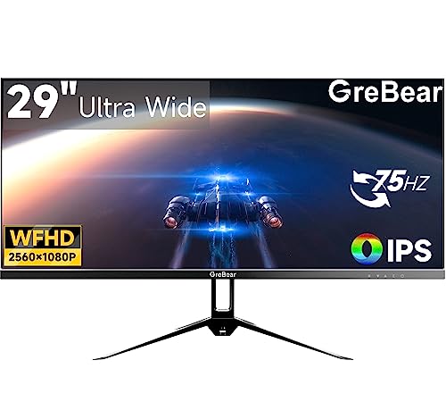 GreBear 29 Inch Ultrawide Computer Monitor, IPS Screen WFHD 2560 x 1080 75Hz 21:9 Display for Home Office Gaming, FreeSync, HDMI, DP, HDR Low Blue Light, Integrated Speaker, VESA Mountable von GreBear