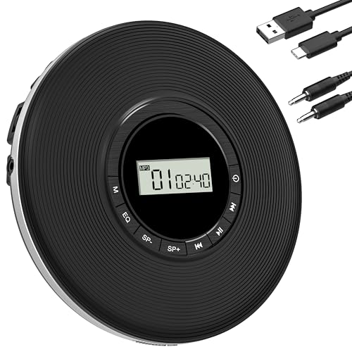 Greadio Tragbarer CD-Player Discman CD Spieler Anti-Skip Schutz 4 EQ-Sounds Walkman Player, TF-Karte/AUX-Ausgang Klein Musik Player, kompatibel mit CD-R, CD-RW und MP3 für Auto Zuhause von Greadio