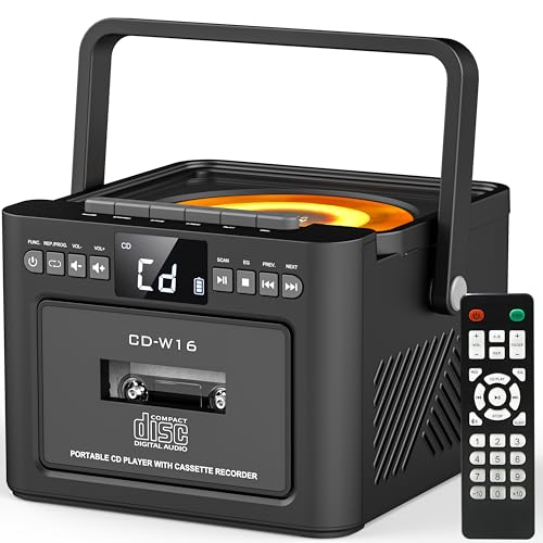 Greadio CD Player Tragbar, Boombox mit CD Radio, Kassettenspieler, Bluetooth, Fernbedienung, UKW Radio, AUX/USB/SD Karte-In, 5000mAh wiederaufladbare Batterie, 5W Lautsprecher, LED Bildschirm, Schwarz von Greadio