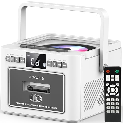 Greadio CD Player Tragbar, Boombox mit CD Radio, Kassettenspieler, Bluetooth, Fernbedienung, UKW Radio, AUX/USB/SD Karte-In, 5000mAh wiederaufladbare Batterie, 5W Lautsprecher, LED Bildschirm (Weiß) von Greadio