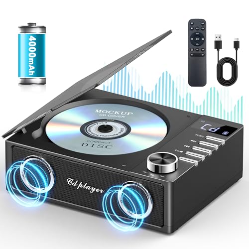 Greadio CD Player Tragbar mit Bluetooth 5.3, 4000mAh Wiederaufladbarer CD-Player mit Fernbedienung, HiFi-Sound-Lautsprecher, unterstützt USB, TF, AUX, LED-Display für Zuhause/Auto/Geschenk von Greadio