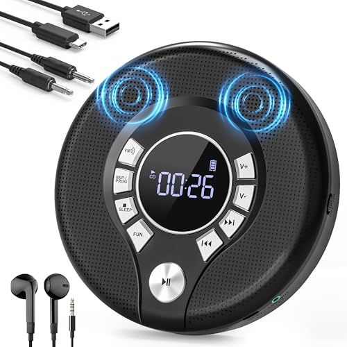 Greadio Discman CD Player Tragbar, Tragbarer CD Player mit 2000mAh Wiederaufladbarer und Anti-Skip/Stoßfest, Kompatibler FM-Transmitter, USB, AUX-Ausgang, Kopfhörer, Doppellautsprecher Greadio Discman CD Player Tragbar, Tragbarer CD Player mit 2000mAh Wiederaufladbarer und Anti-Skip/Stoßfest, Kompatibler FM-Transmitter, USB, AUX-Ausgang, Kopfhörer, Doppellautsprecher von Greadio