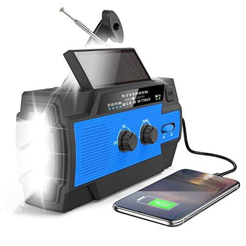 Greadio Solarradio, Kurbelradio,AM/FM-Radio Wiederaufladbares Dynamo 4000 mAh Radio mit Heller Taschenlampe,Bewegungssensor-Leselampe,SOS-Alarm für den Notfall,Outdoor,Camping,Wandern Blau von Greadio