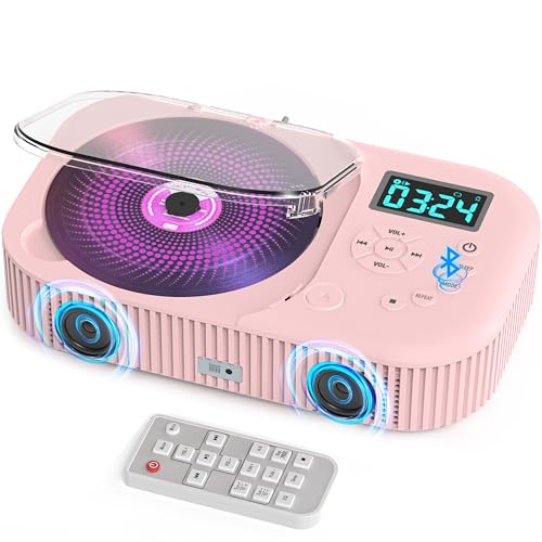 Greadio Tragbarer CD Player mit Bluetooth 5.3, Wiederaufladbarer Boombox CD Spieler mit UKW Radio, Discman CD-Player für Zuhause Auto mit Dual Lautsprecher/LCD Display/Fernbedienung/AUX/USB (Rosa) von Greadio