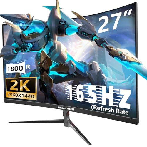 Great voell 27-Inch Curved Gaming Monitor, 165Hz, 2K QHD (2560x1440P), HDR, 99% sRGB, FreeSync, Anti-Blue Light, VESA Mountable, HDMI 2.0 & DP 1.4, Tilt Adjustable, 16:9 PC Screen von Great voell