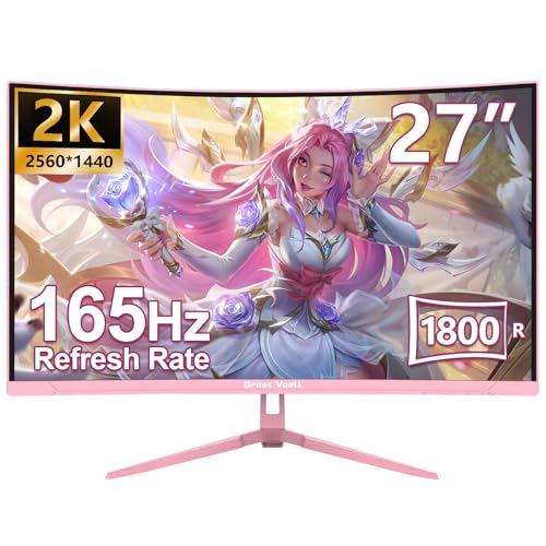 Great Voell Rosa Curved Gaming Monitor 27 Zoll, 165Hz, 2K, QHD(2560x1440P), HDMI 2.0, DP 1.4, HDR, Anti-Blaulicht Augenschutz, 99%sRGB, FreeSync, VESA-Unterstützung, Kann gekippt warden, pc bildschirm von Great voell
