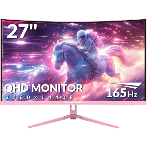 Great voell 27 Zoll Curved Gaming Monitor, 2K QHD (2560x1440), 165Hz, HDR, FreeSync, 99% sRGB, HDMI 2.0/DP 1.4, Augenschutz, VESA-Montage, Neigbar – Rosa Bildschirm für PC & Konsole von Great voell