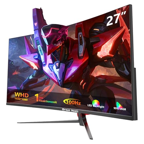 Great voell Curved Gaming Monitor 27 Zoll, 100Hz, FHD(1920x1080P), HDMI 2.0, DP 1.4, HDR, Anti-Blaulicht Augenschutz, 99% sRGB, FreeSync, VESA-Unterstützung, Kann gekippt Warden, pc Bildschirm 16:9 von Great voell