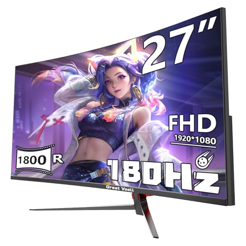 Great voell 27-Inch Curved Gaming Monitor, 180Hz, FHD (1920x1080P), HDR, 99% sRGB, FreeSync, Anti-Blue Light, VESA Mountable, HDMI 2.0 & DP 1.4, Tilt Adjustable, 16:9 PC Screen von Great voell