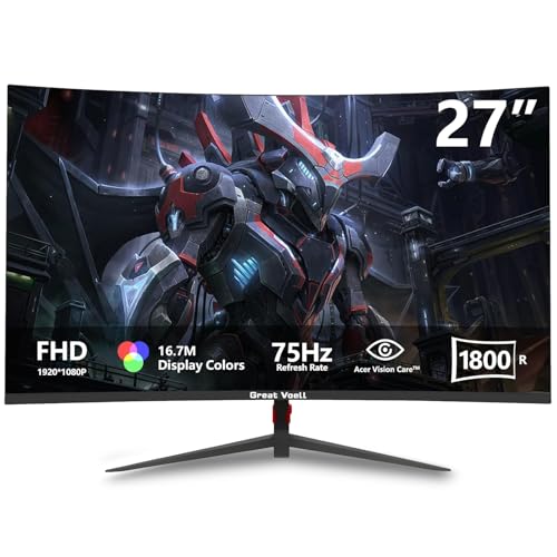 Great voell Curved Gaming Monitor 27 Inches, 75 Hz, FHD (1920 x 1080P), HDMI 2.0, HDR, Anti-Blue Light Eye Protection, 99% sRGB, FreeSync, VESA Support, Can Be Tilted, PC Screen 16:9 von Great voell