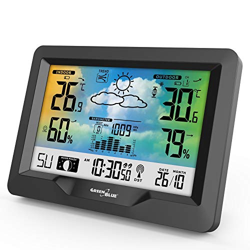 Green Blue GB540 Wetterstation mit Farbdisplay DCF Funkuhr Innen- und Außentemperatur Wettervorhersage Mondphasen Außensensor von Green Blue