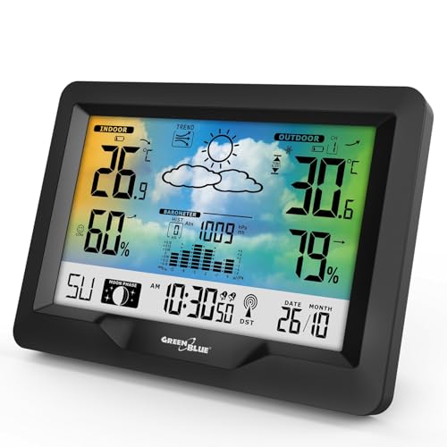 Green Blue GB540N Wetterstation mit Farbdisplay DCF Funkuhr | Innen- und Außentemperatur, Wettervorhersage, Mondphasenanzeige, Außensensor mit LCD-Display (Wetterstation + 5V Netzteil) von Green Blue