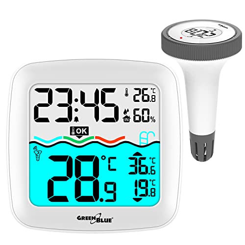 GreenBlue GB216 Digitales Funk-Poolthermometer mit Wetterstation Temperaturstation mit Poolthermometer Innentemperatur Wassertemperatur Schwimmendes Thermometer Pool SPA DCF-Funkuhrfunktion von Green Blue