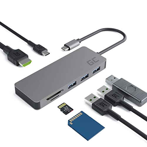 GC® Adapter Dockstation USB-C HUB 7 im 1 (USB-C, USB 3.0, 2X USB-A 2.0, HDMI 4K, microSD, SD) mit Power Delivery 87W für MacBook Pro, Dell XPS und kompatibel mit Samsung DeX von Green Cell