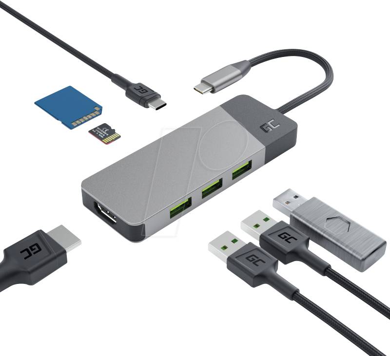 GC HUBGC01 - USB 3.1, 7-Port Hub, 3xA, 1xC, SD-Slot, HDMI, USB-C-Kabel von Green Cell