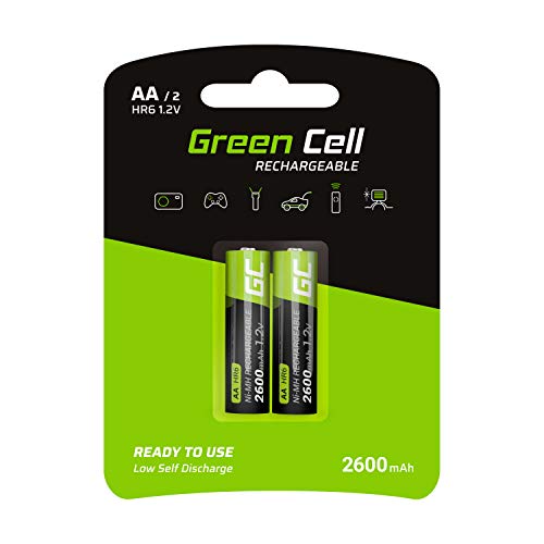 Green Cell 2600mAh 1.2V 2 Stck Vorgeladene NI-MH AA-Akkus - Akkubatterien AA/Mignon, sofort einsatzbereit, Starke Leistung, geringe Selbstentladung, wiederaufladbare Akku Batterie, ohne Memory-Effekt von Green Cell
