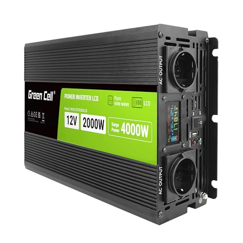 Green Cell LCD Spannungswandler 2000W/4000W 12V auf 230V Reiner Sinus Volt Spannungswandler Wechselrichter Konverter Pure Sine Wave Power PowerInverter DC AC Umwandler Stromwandler Wohnwagen Auto von Green Cell