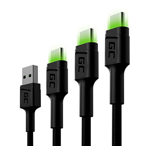 Green Cell SET 3x Kabel USB-A - USB-C Typ-C 3 Pack [0.3m 1.2m 2m] mit LED-Beleuchtung Ladekabel Schnellladekabel Kompatibel mit Samsung Galaxy S23 S22 S21 S20 Ultra S10 S9 S8+ | Android-Telefonen von Green Cell