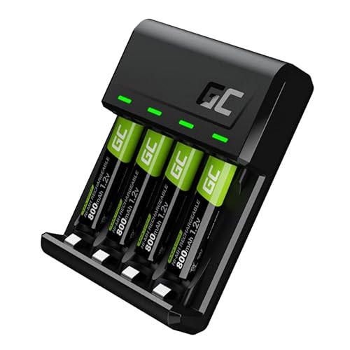 Green Cell VitalCharger Batterieladegerät Ladegerät + 4X AAA 800mAh für NI-MH AA AAA R6 R03 Mignon Akku. Mit Micro USB USB-C. 4-Kanal-Ladesystem - lädt ab 1 bis 4 AA oder AAA, LED-Signalisierung von Green Cell
