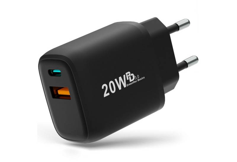 GreenHec 20w Dual Schnellladegerät Schwarz Doppel Charger USB-A USB-C USB-Ladegerät (0,00 mA, Packung, 20w Dual Charger Schwarz, iPhone 16 15 14 13 12 11 X Handy Tablet iPad Stecker Netzteil) von GreenHec