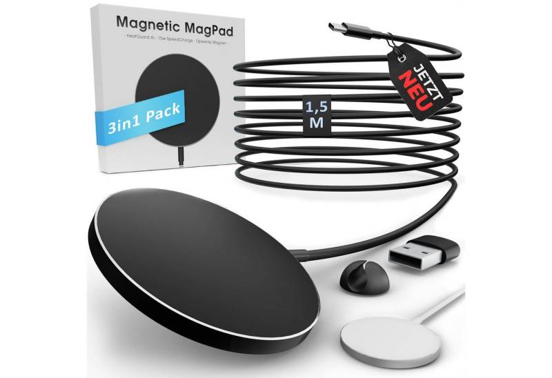 GreenHec MagSafe Ladegerät 15w iPhone 16 15 14 13 12 Pro Max Plus kabellos Wireless Charger (5,00 mA, Set, iPhone 8 - 16 Pro Max, Magnetic MagSafe, Magnetisches induktives Ladepad für Apple Schwarz Silber) von GreenHec