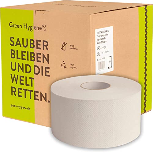 Green Hygiene JUTTA-RENATE, Jumbo-Toilettenpapier, 2-lagig, Recycling, schön weiß, 180m, 9x22cm, Ø Rolle: 19cm, 16 Rollen/VE, Jumborolle, Klopapier, co2-neutralisiert, plastikfrei von GreenHygiene