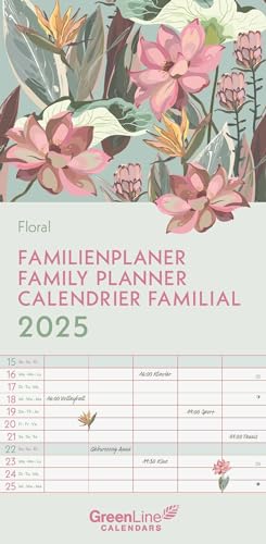 GreenLine - Floral 2025 Familienplaner, 22x45cm, Familienkalender mit effizienter Monatsaufteilung in 5 Spalten, für Familienorganisation, Schulferien und Stundenpläne, mit Spiralbindung von GreenLine