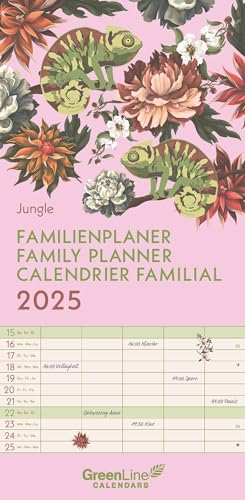 GreenLine - Jungle 2025 Familienplaner, 22x45cm, Familienkalender mit effizienter Monatsaufteilung in 5 Spalten, für Familienorganisation, Schulferien und Stundenpläne, mit Spiralbindung von GreenLine