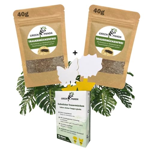 GreenPanda Bio Trauermückenfrei - Effektiv Larven in Erde & Trauermücken bekämpfen - 2in1 Mittel gegen Trauermücken - 2x 40g Anti-Larven Pulversubstrat + 50 Gelbsticker (Set-3tlg.) von GreenPanda