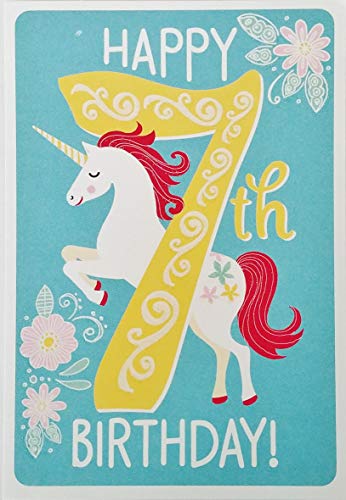 Greeting Card Happy 7th Birthday mit magischem Einhorn-Blumen-Design – Sieben Jahre alt von Greeting Card