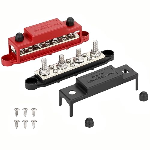 Greluma 1 Paar Stromverteilungsblock-Sammelschiene,4 x M8-Bolzen (5/16 Zoll),6 x M4-Schraubklemmen (#8),max.48 V,250 A,Positiv und Negativ von Greluma