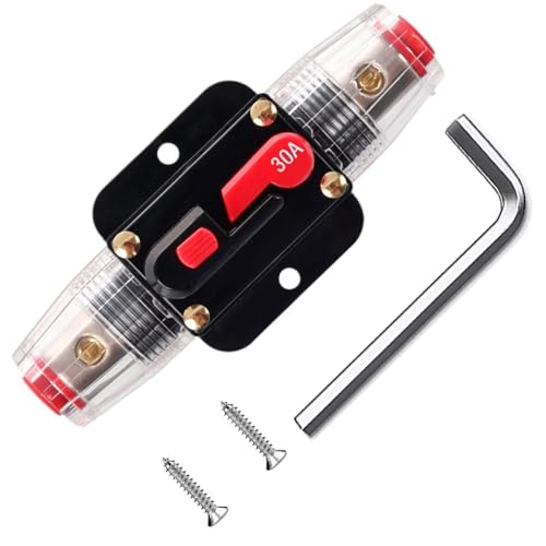 Greluma 1 Stück 30A Inline Leistungsschalter Reset Sicherung, 12V-24V DC Reset Sicherungshalter mit manuellem Reset für den Schutz von Automobil Marineboot Audiosystemen von Greluma