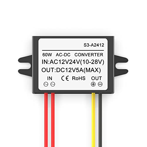 Greluma 1 Stück AC 12V 24V zu DC 12V 5A 60W Abwärtswandler, 10-28V Eingang AC-DC Step-Down-Netzteilmodul, Wasserdichter Spannungsregler-Reduzierer von Greluma