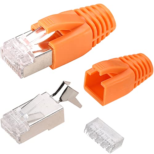 Greluma 20 Stk CAT7 Metallgeschirmte RJ45 Steckverbinder Modularstecker Cat7 FTP 8P8C Netzwerk RJ45 Kabel Crimp Ethernet-Steckverbinder (Drahtloch 1,45 mm) mit CAT7 CAT6A Zugentlastung Manschetten von Greluma