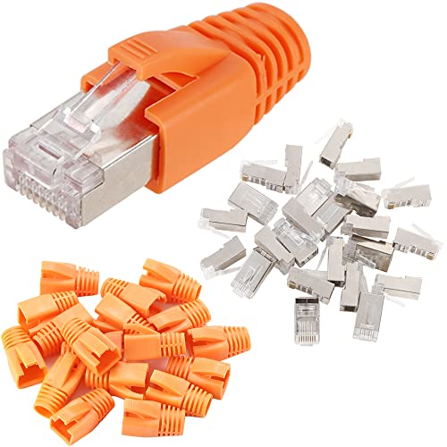 Greluma 25 Stk CAT6 Metallgeschirmte Durchgangs-RJ45-Steckverbinder Modulare Steckerenden – FTP 8P8C-Netzwerkkabel-Crimp-Ethernet-Steckverbinder (Drahtloch 1,2 mm) mit CAT6-Zugentlastung-Schuhen von Greluma