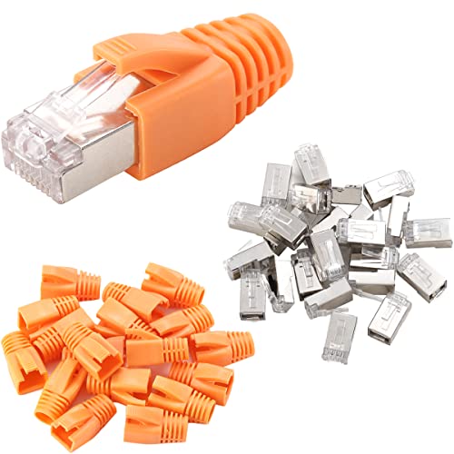 Greluma 25 Stk CAT6 metallgeschirmte RJ45 Steckverbinder Modularstecker-Cat6 FTP 8P8C Netzwerk RJ45 Kabel Crimp-Ethernet-Anschluss (Drahtloch 1,2 mm) mit CAT6 Zugentlastung Manschetten von Greluma