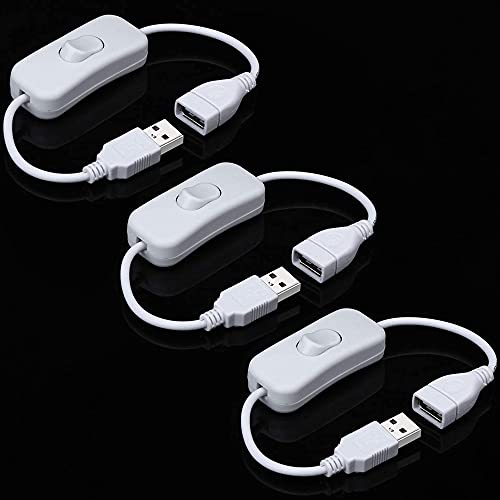 Greluma 3 Stück USB-Kabel von Stecker zu Buchse mit Ein/Aus-Schalter (weiße Farbe), USB-Verlängerungs-Inline-Wippschalter für Fahrrekorder, LED-Schreibtischlampe, USB-Lüfter, LED-Streifen von Greluma