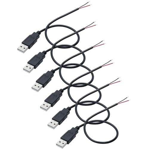 Greluma 6 Stk 22 AWG USB-Pigtail, 2-adriges USB 2.0-Kabel, 2-poliger blanker Draht mit offenem Ende, 0,3 m langes USB-Steckerkabel, 12 V 3 A USB-Stecker-Stromkabel von Greluma