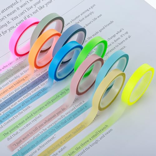 10 Rollen Highlight Strips Fluoreszierende Farbige Tags Haftnotizband Fluoreszierende Farbige Tags Transparent Textmarker-Klebeband für Lesen Notizen Machen Lehrer Schüler Klasse Büro(6mm x 5M)-B von Grevosea