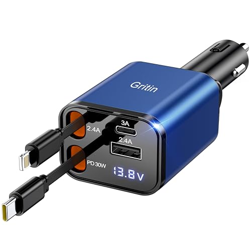 Gritin 4 in 1 Zigarettenanzünder USB C, 69W Auto Ladegerät Adapter mit Spannungsanzeige & Adaptive Charging Technologie, USB Schnellladegerät für iPhone 16/15/14/iPad/Galaxy/Android usw. -Blau Gritin 4 in 1 Zigarettenanzünder USB C, 69W Auto Ladegerät Adapter mit Spannungsanzeige & Adaptive Charging Technologie, USB Schnellladegerät für iPhone 16/15/14/iPad/Galaxy/Android usw. -Blau von Gritin